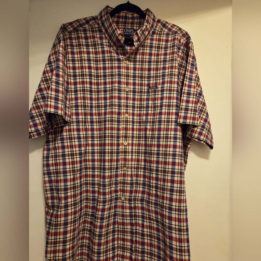 Chaps Ralph Lauren Red Blue Plaid Shirt Short Sleeve Button Down Mens XL